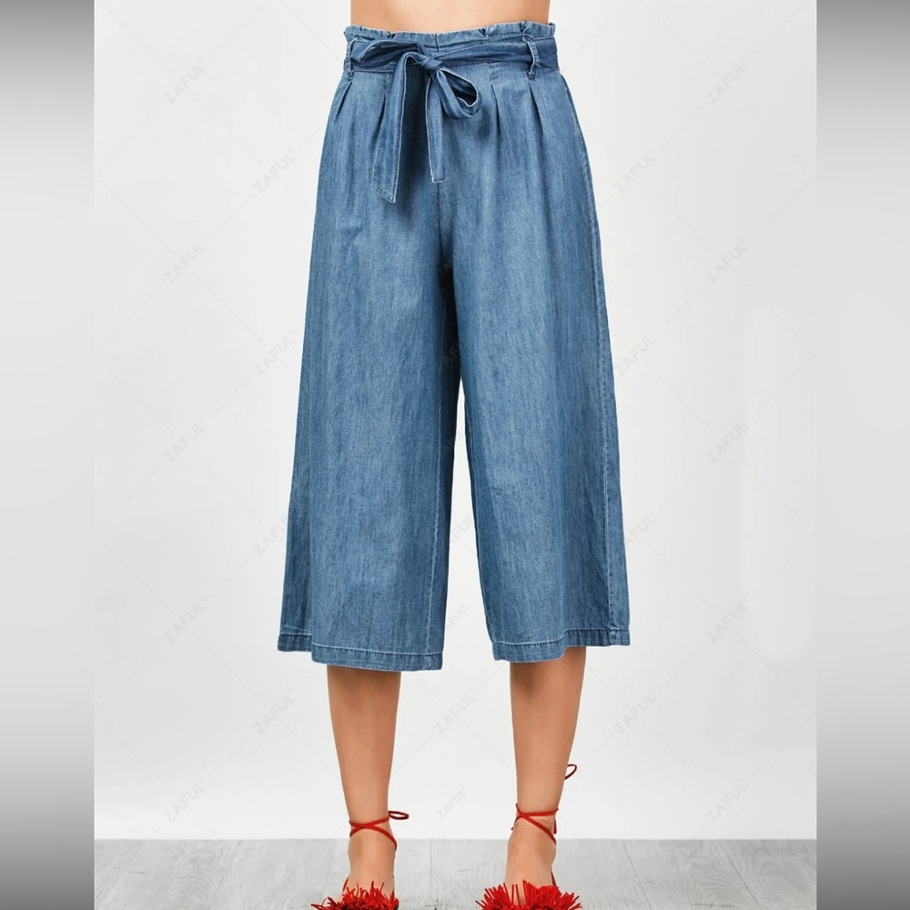ZAFUL Tencel Bowknot Wide Leng Capri Pants - Denim Blue - Small